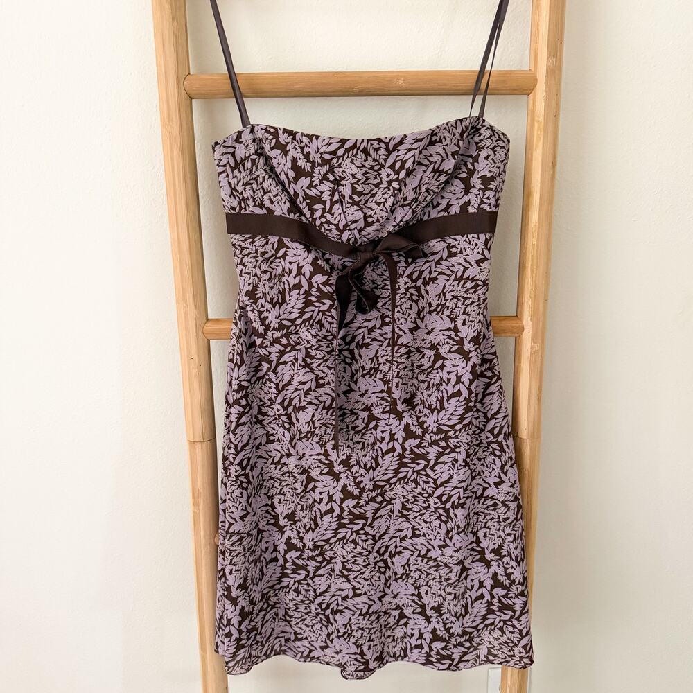 BCBGMAXAZRIA Strapless Floral Dress Size 6 Brown Lavender Silk Lined EUC